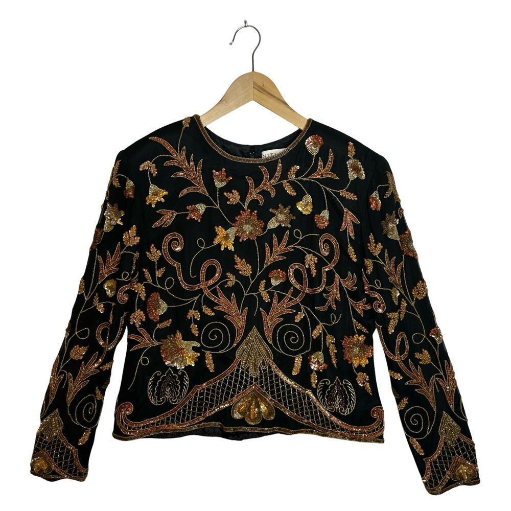 NITELINE by Della Roufogali Black Silk Beaded Lined Top Size Large